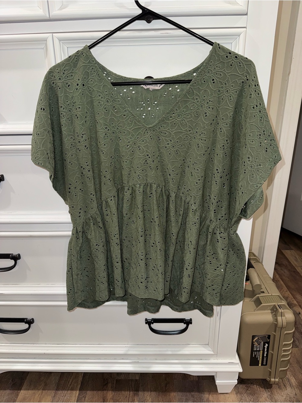 Olive Eyelet V-Neck Peplum Blouse